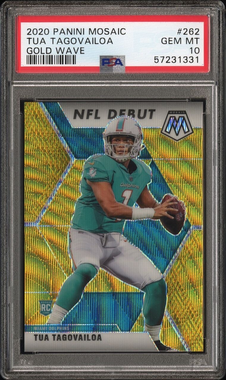 2020 Panini Mosaic Gold Wave Tua Tagovailoa Rookie - /17 PSA 10. POP 2!