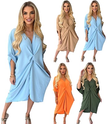 Damen V-Ausschnitt Knoten Twist Front Oversized Damen Longline Sommer Kittel Midikleid