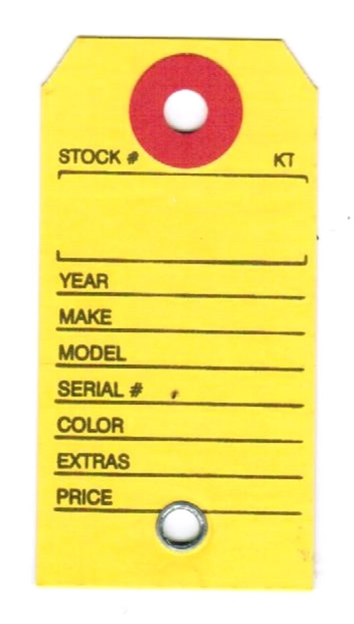 Paper Key Tag for Car with Hang Ring, 1-3/8"x 2-3/4", Black on Yellow-Bx/1,000