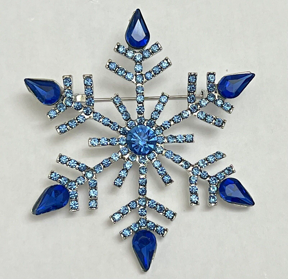 Rhinestone Christmas Snowflake Brooch Pin Crystal Glass Royal Blue Vintage Large