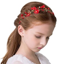 Bride Red Flower Girls Hair Accessories Gold Leaves Floral Headpiece Vine Tiaras