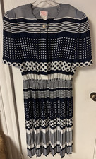 Vintage 80s Lady Carol of New York Women's Navy Blue and White Stripes and Dots