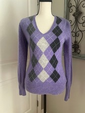 Apt 9 100 Cashmere Sweater Argyle Pattern V Neck Pullover purple and grey