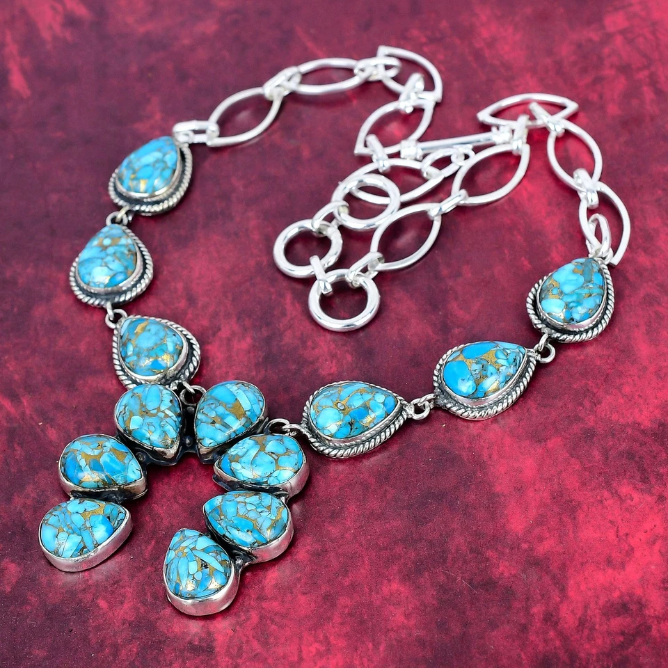 Copper Blue Turquoise Gemstone Handmade 925 Sterling Silver Jewelry Necklace - Image 3 of 4