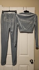 Track Suit Womens Medium Gray Velour Hoodie Pants Set