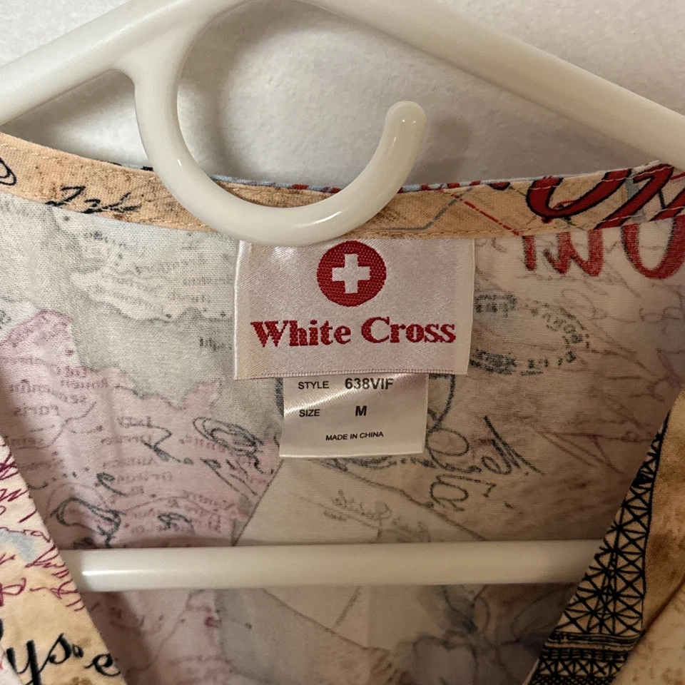 White Cross Scrub Top – Paris Eiffel Tower Print (M) – Used Good - Image 2 of 4