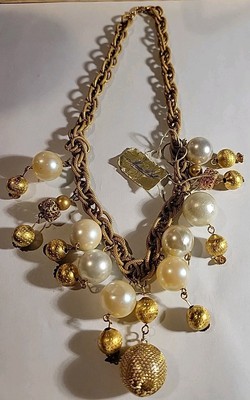Miriam Haskell With Tag Missing Small Ball Goldtone Texured Necklace Faux Pearls