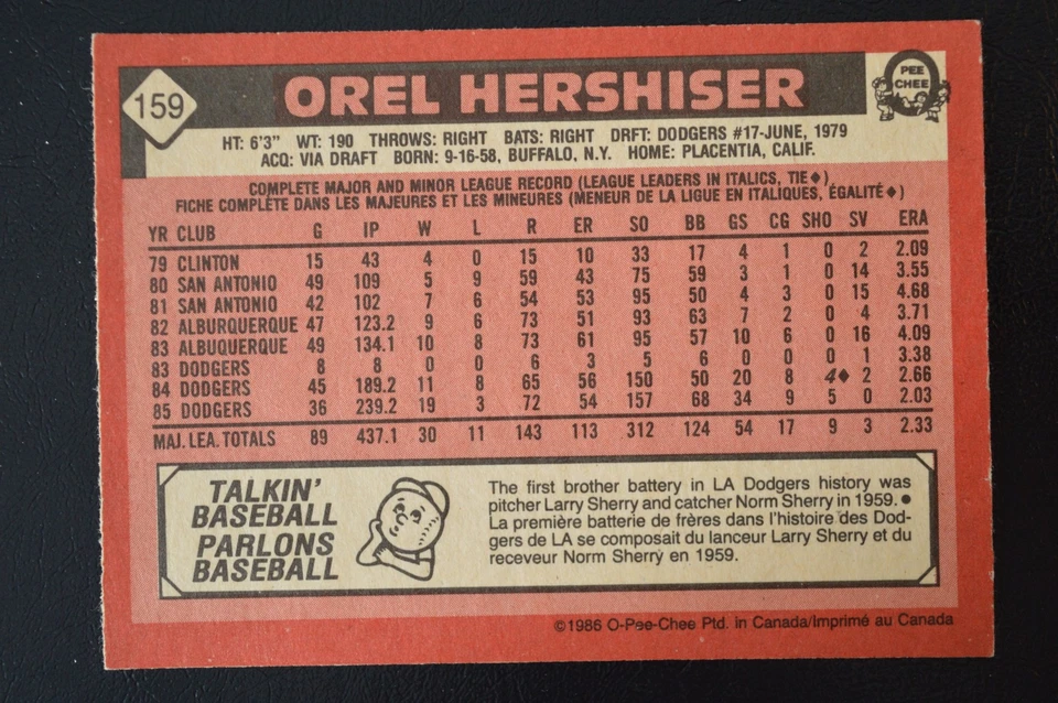 1986 O-Pee-Chee  OREL HERSHISER #159 - Image 2 of 2