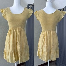 Blu Pepper Yellow Smocked Flutter Sleeve Tiered Mini Dress  Womens Small