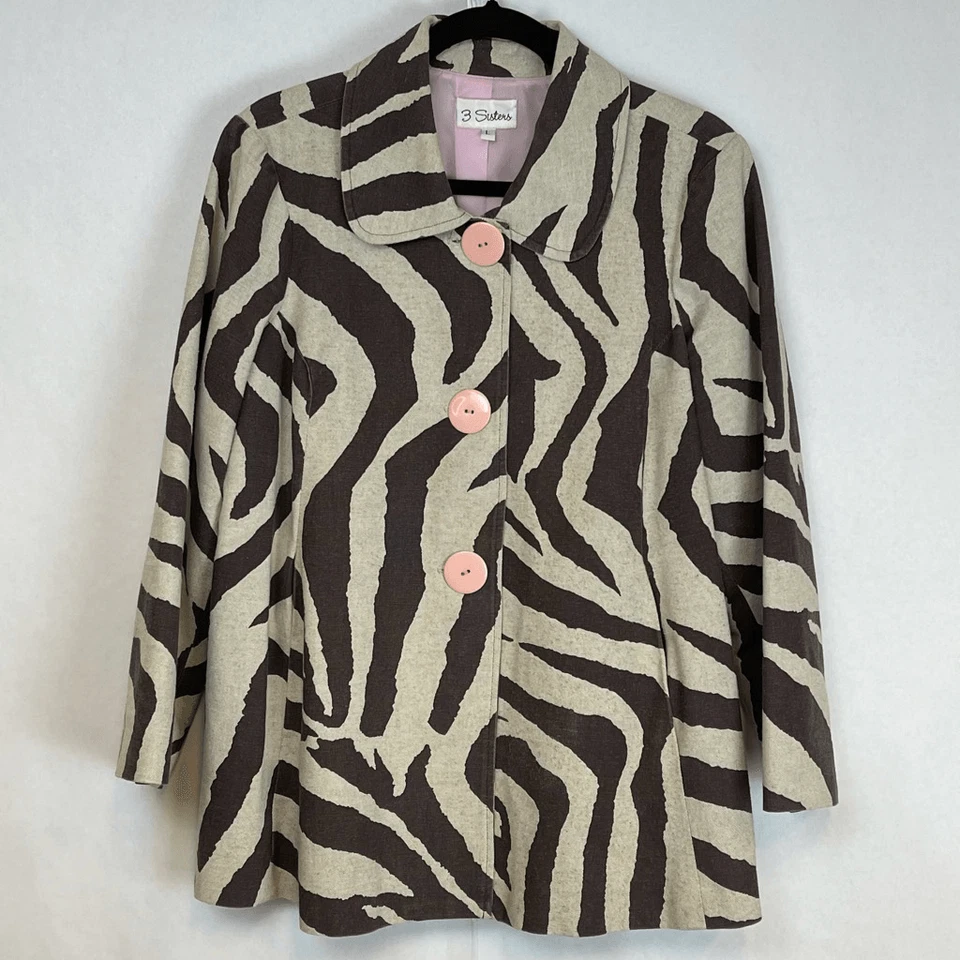 ¡LIQUIDACIÓN! Chaqueta 3 SISTERS Para Mujer Grande Marrón Lino Cebra Forrada Safari Foto 2 de 4