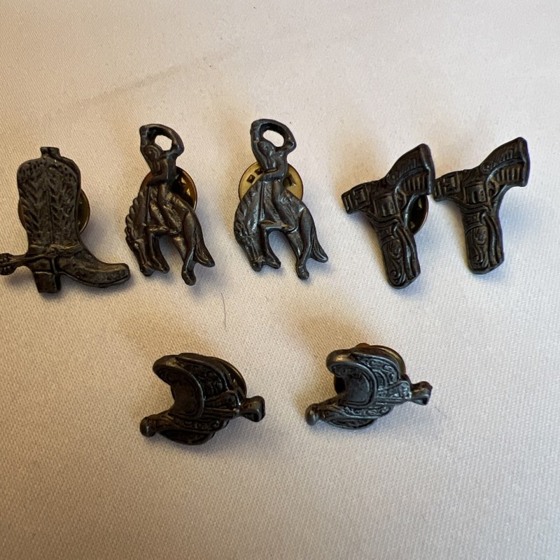 Vintage Lot of 7 Western Themed Metal Pins Collection Pewter Boot Saddle Horse