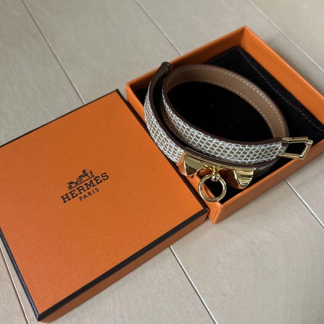 HERMÈS Raro Bracciale HERMES Rivale Doppio Tour Lucertola Ferramenta Oro Rosa Taglia S