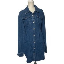 PrettyLittleThing Denim Snap Cinched Midi Long Sleeve Dress Women's 14