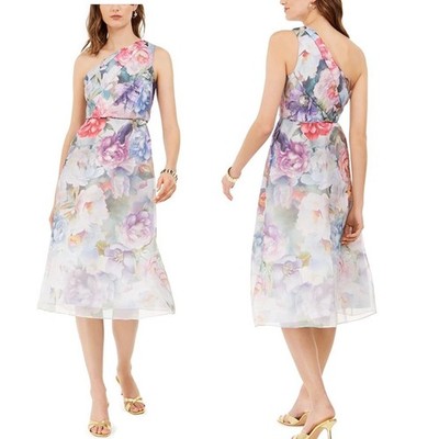 Adrianna Papell DRESS 8 One-Shoulder Floral Organza Botanical Wedding #117
