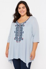 NWT Roaman’s blue embroidered tunic size 20W crinkle rayon bohemian shark bite