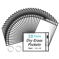 30 Packs Oversized Reusable Dry Erase Pocket Sleeves with 2 Rings, Black 10x1...