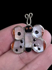 ZUNI SHENEL COMOSONA MULTI-INLAY BUTTERFLY STERLING SILVER PENDANT/BROOCH PIN