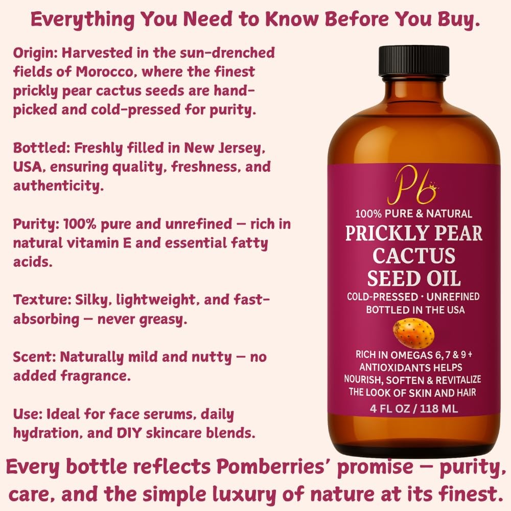 Prickly Pear Seed Oil 4 fl oz | 100% Pure Cold-Pressed | Glass | Bottled USA