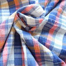 Cotton Viscose Seersucker Check- Blue And Pink- 135cm/54" Wide - £11.49mt