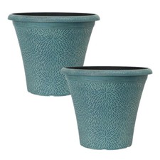 Garden Planters, April, Indigo Green, floral design, round pots, 36cm, set of 2