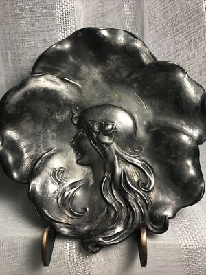B W VTG Card Tray Art Nouveau Trinket Ashtray Girl With Hair