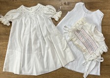 Vintage Baby Girl Smocked Gown Ruched Sleeve Embroidery Slip  Top Tie