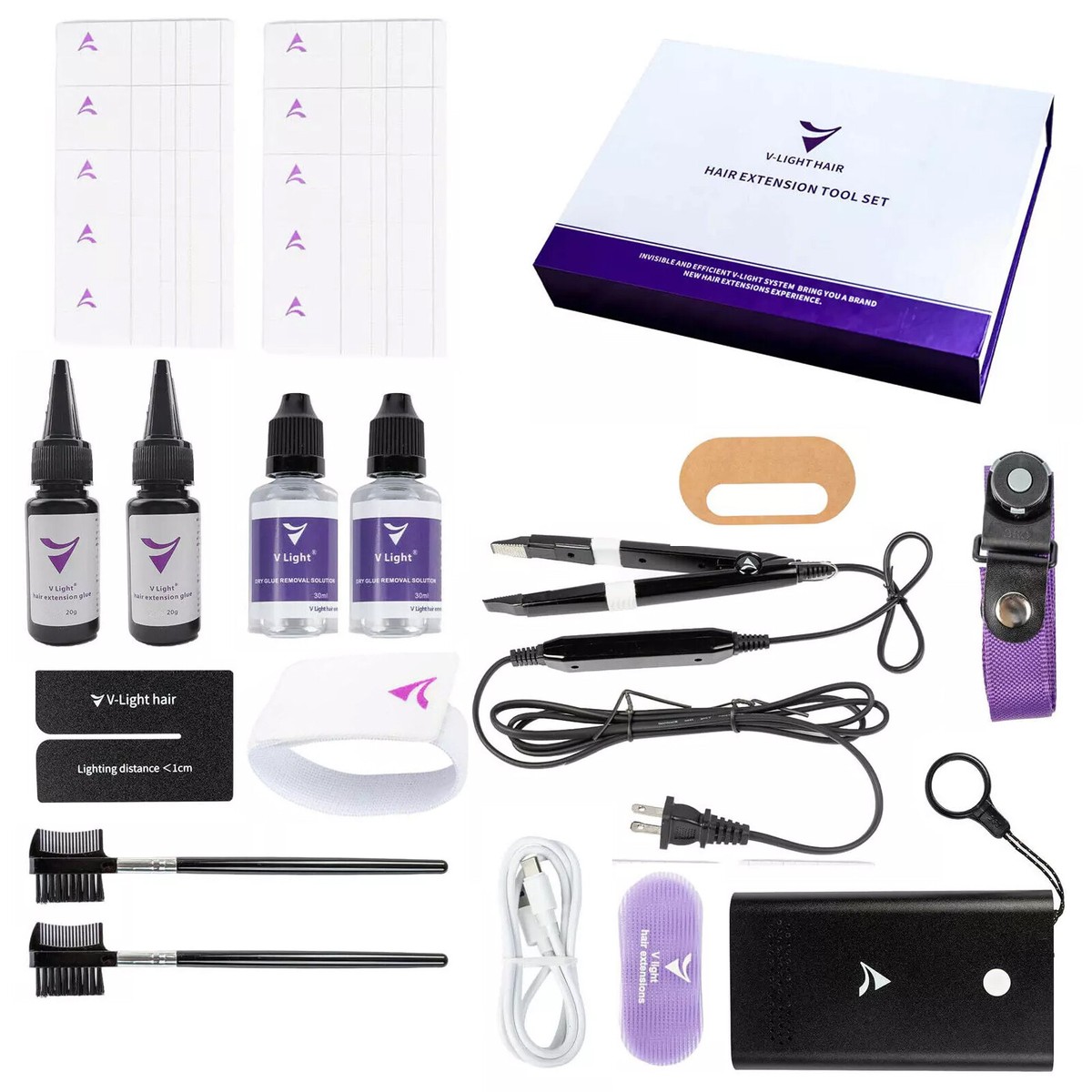 V Light Hair Extensions Kit Set Box Package UV Glue Hair Piece for