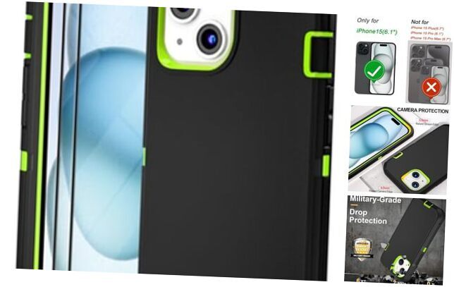 for Case with 2 Pack Screen Protector - Heavy Duty iPhone 15 BlackGreen
