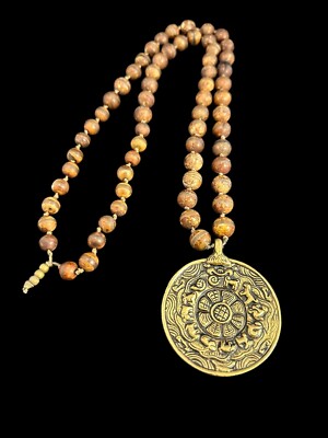 Vintage Tibetan Brass Amulet Round 11mm Agate Beaded Necklace Ethnic 36 Inches