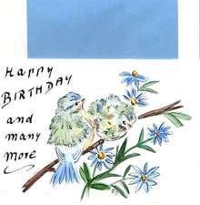 Birthday Blue Finch Fiches Flowers Blank Inside Hand Painted Greeting Card