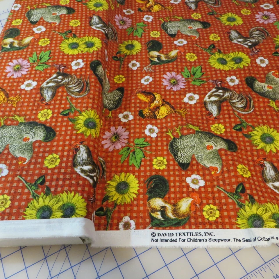 21" Long, Barnyard Chickens, Floral On Red $3.99 Ships ANY Amount Of Fabric! - Image 3 of 3
