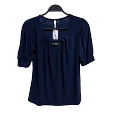 NY Collection Women's Size S Navy Blue Short Sleeve Balloon Sleeve Top NWT