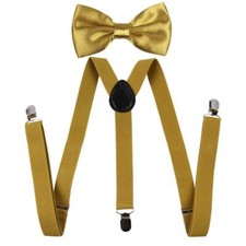Men's Bow Tie and Y Shape Suspender Set Adjustable Elastic Solid Color Gold