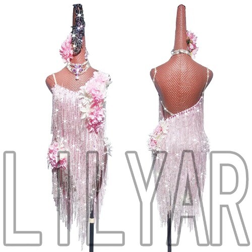 New Latin Dance Competition Dress Light Pink Sparkling Diamond Tassel 3D Flower New Latin Dance Competition Dress Light Pink Sparkling Diamond Tassel 3D Flower