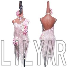 New Latin Dance Competition Dress Light Pink Sparkling Diamond Tassel 3D Flower