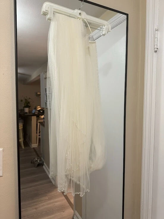 Velo largo capilla recortado con cuentas y perlas nupciales de David Foto 2 de 4