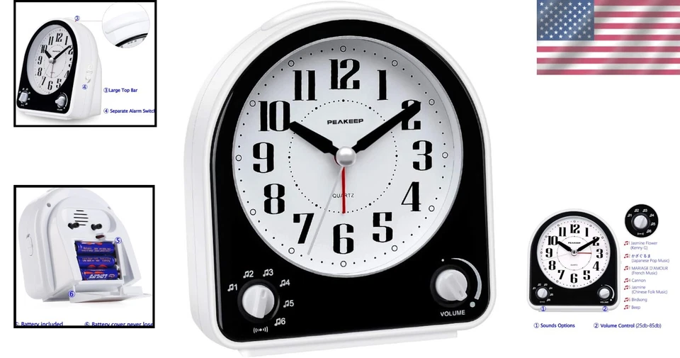 Non-Ticking Oval Alarm Clock with Snooze & 7 Wake Sounds - Perfect for Bedrooms - Image 2 of 4