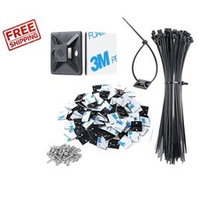 100 Pack Self-Adhesive Black Cable Tie Mounts with 8" Zip Ties - UV Resistant