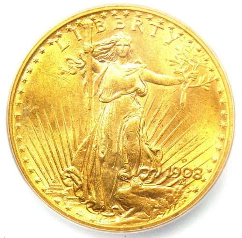 1908-D No Motto Saint Gaudens Gold Double Eagle $20 - ICG MS65 - $8,000 Value