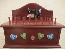 Decorative Wooden Sewing Storage Box with Small Spool Holders