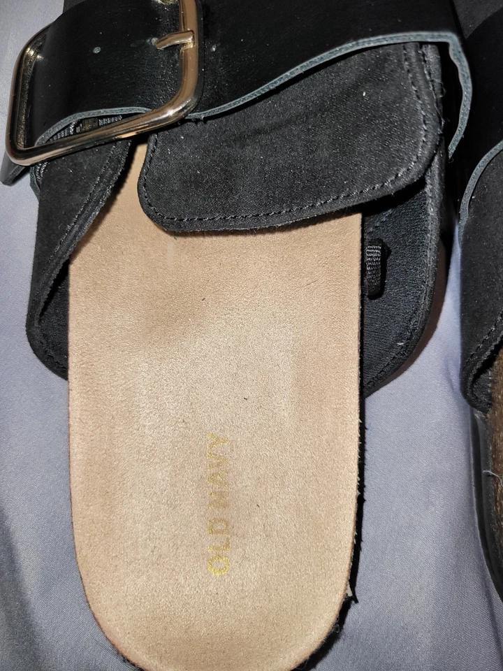 Sapatos femininos Old Navy tamanho 11 mula cortiça preto vegano camurça fivela novo - Imagem 3 de 4