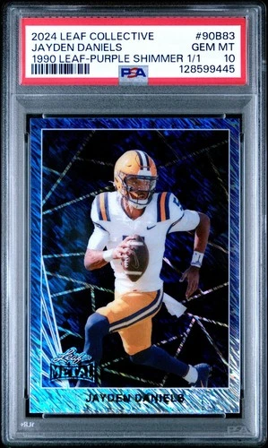 2024 LEAF COLLECTIVE 1990 LEAF #90B83 JAYDEN DANIELS PURPLE SHIMMER #1/1 PSA 10