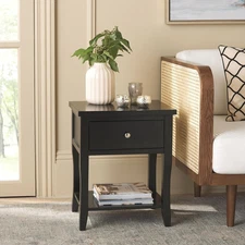Home Collection Coby Black Solid Wood Nightstand with Storage Drawer Bedside Acc