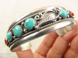 Navajo Ella Cowboy 30g 6.75" Sterling Turquoise Coral Cuff Bracelet Native