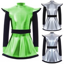 US Kids Girls Dress Long Sleeve Cosplay Gloss Alien Costume Carnival Performance