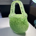 MURANO STYLE Hand Blown Art Glass Purse Hand Bag Vase Green White 8 1/2" Tall