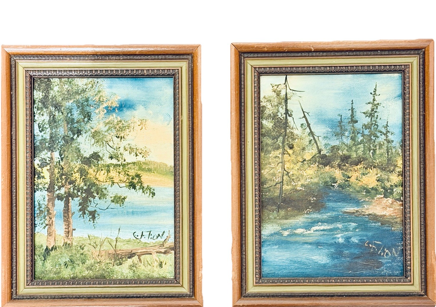 Pair Vtg Small Miniature Original Art Landscape Oil Painting on Board Framed