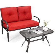 Costway 2 PCS Patio LoveSeat Coffee Table Furniture Set  Bench W/ Cushions Red
