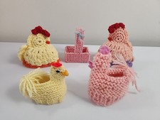Vintage Hand Crochet Chickens Egg Cover Cozy Lot of 4 Plus Basket