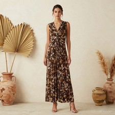 Evening Glam Maxi Dress Brown White Animal Print Jersey Bodycon Sleeveless US 8